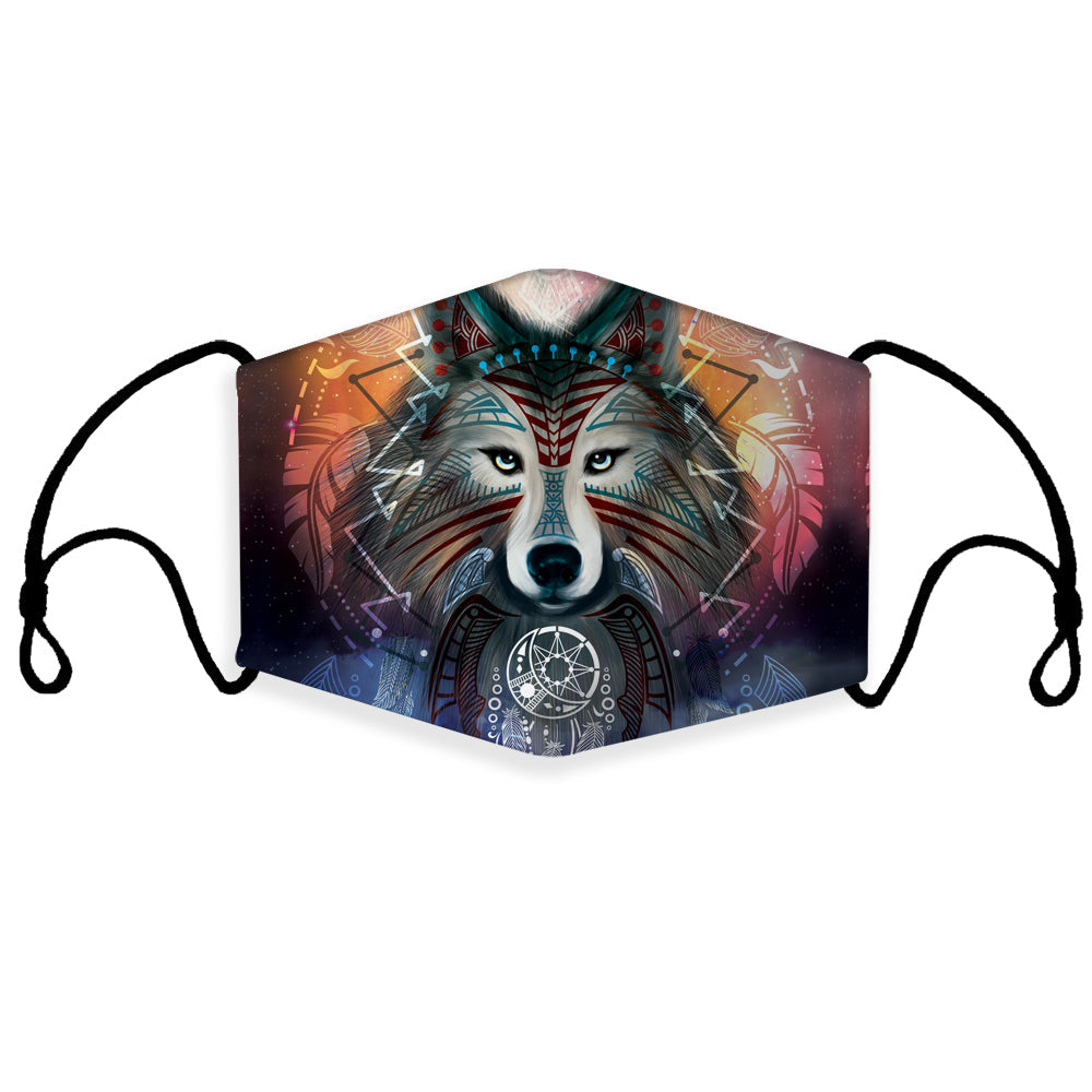 Wolf moon galaxy 3D face mask with wolf graphic, multicolor, ear loops