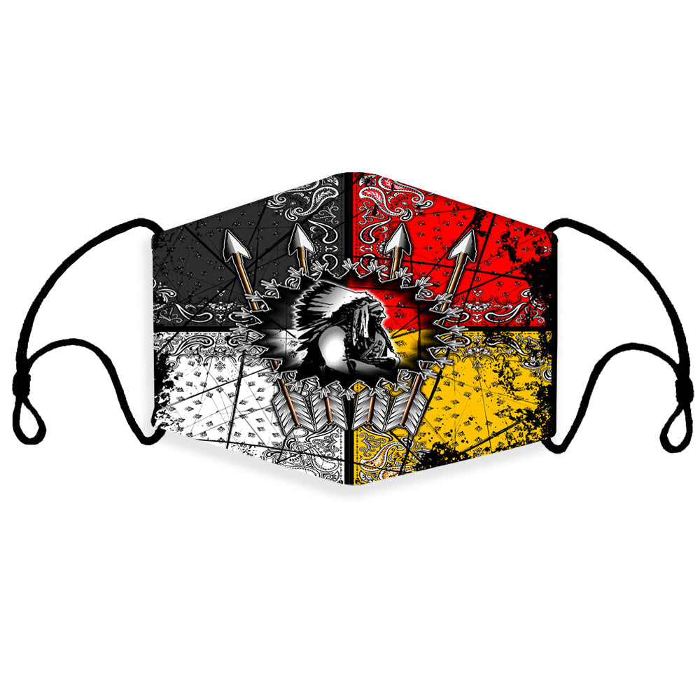 Multicolor Native American chief arrow 3D face mask with ear loops and feathered design