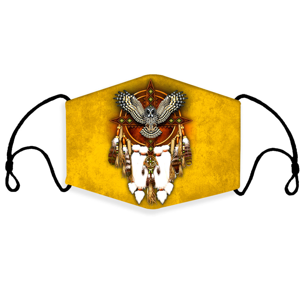 Gold owl dream catcher 3D face mask with colorful bead accents and black ear loops