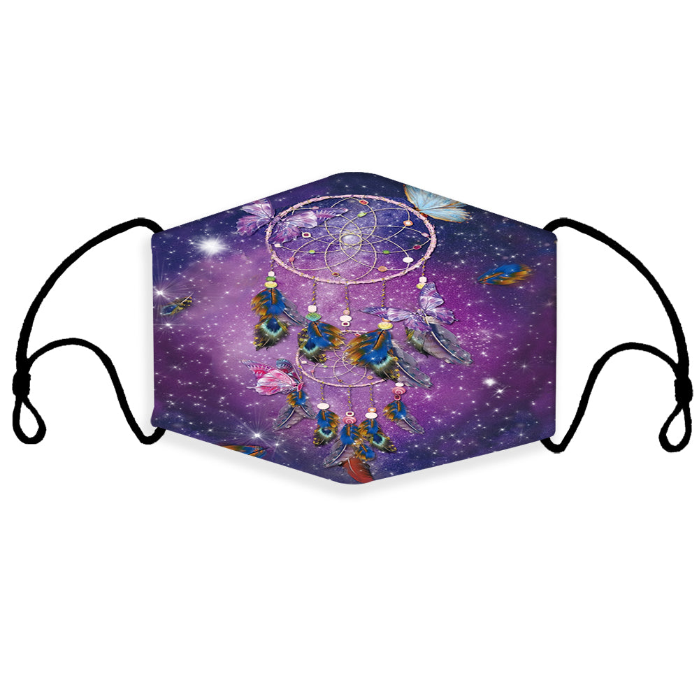 Purple galaxy dreamcatcher 3D face mask with black ear loops and colorful dreamcatcher print
