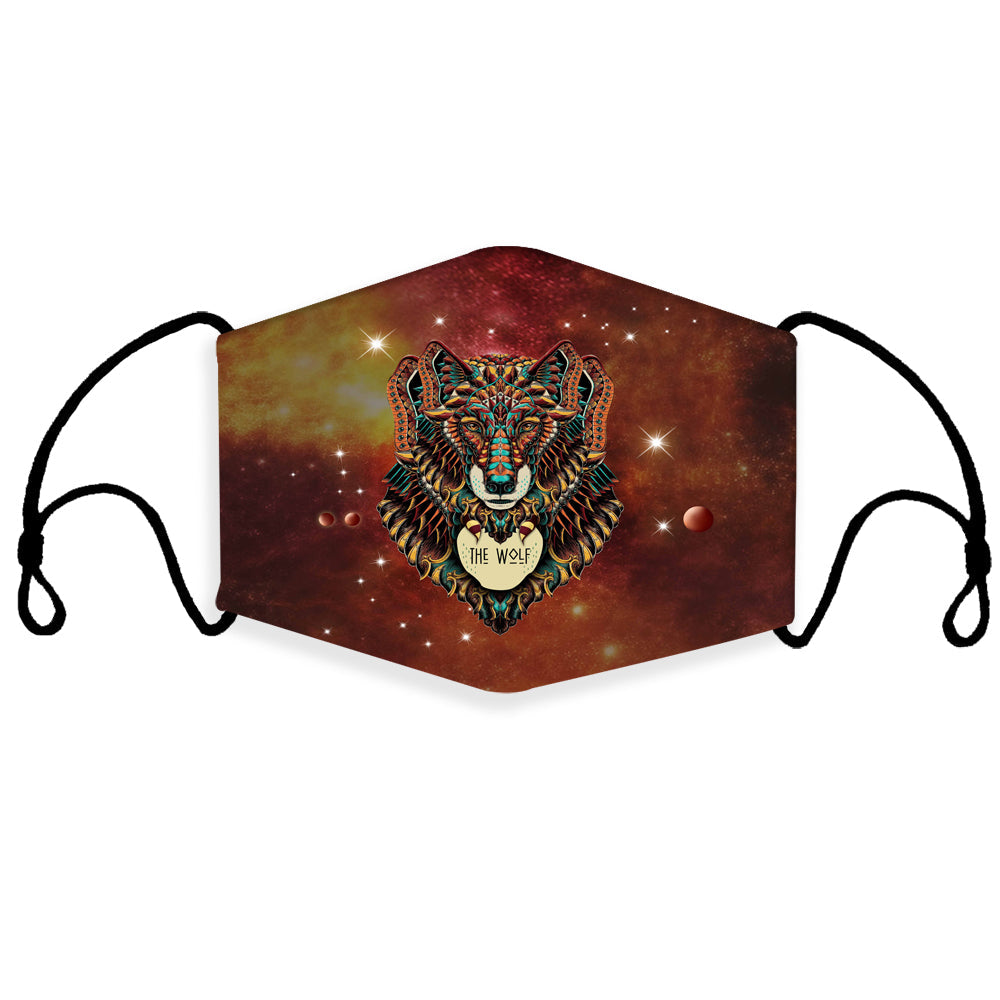 Brown 3D wolf face face mask with colorful tribal-style graphic and elastic ear loops