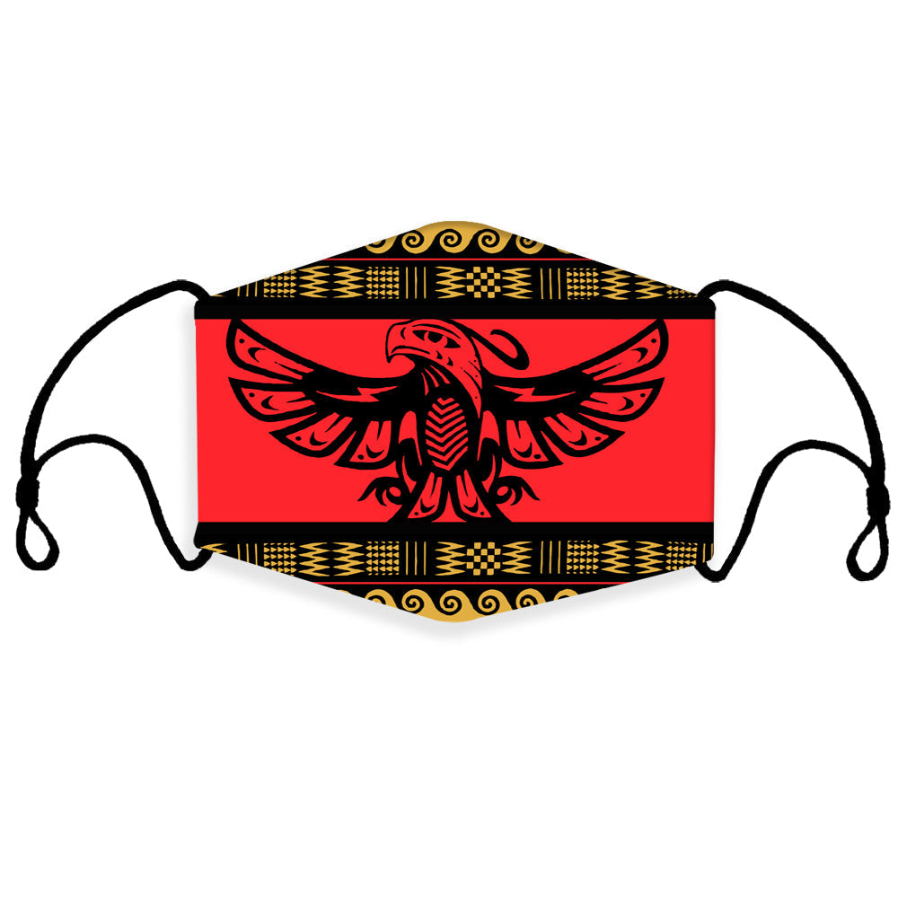 Red 3D face mask with phoenix graphic, black wings, yellow tribal trim, ear loops