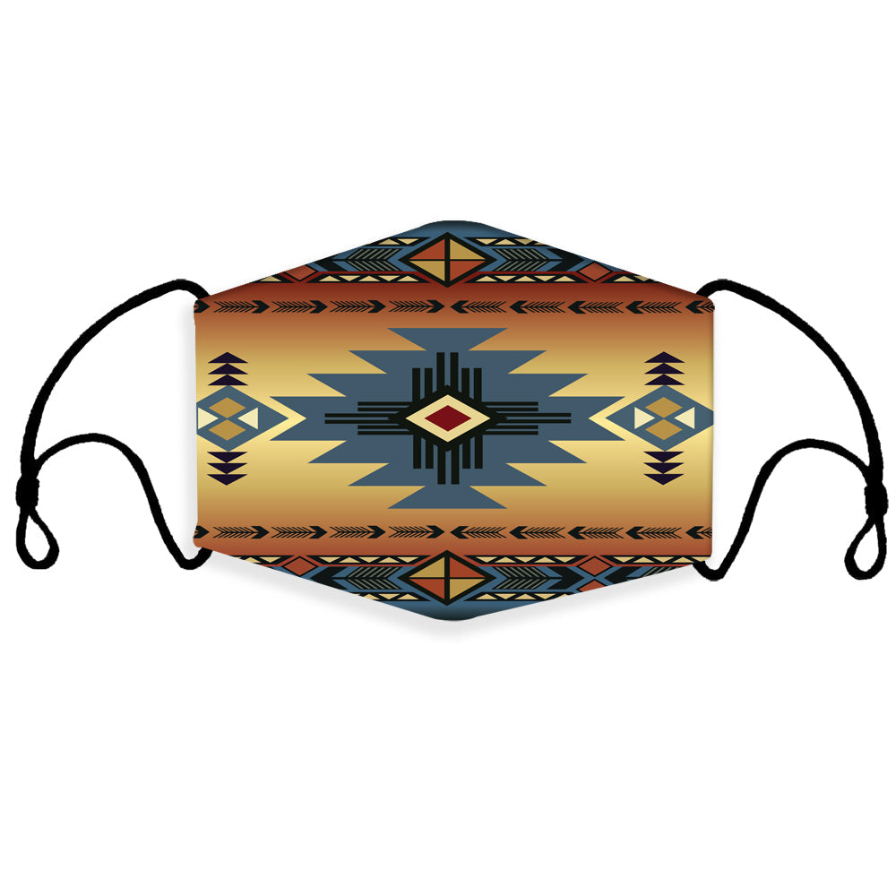Southwest 3D face mask with blue geometric symbol and colorful Native-style pattern, ear loops