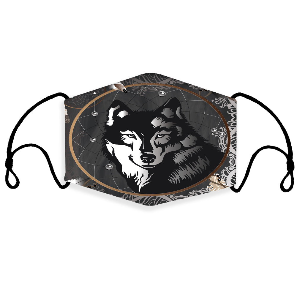 Black wolf 3D face mask with dreamcatcher-style oval graphic, adjustable ear loops