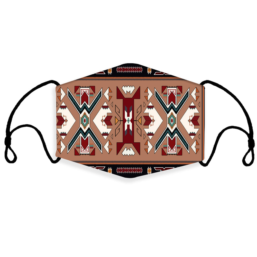 Orange geometric 3D face mask with native-style pattern and black adjustable ear loops
