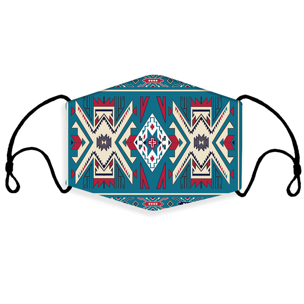 3D face mask with Native American geometric blue and pink pattern