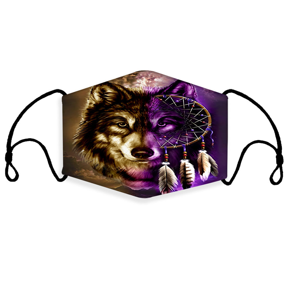 Purple wolf dream catcher 3D face mask with ear loops