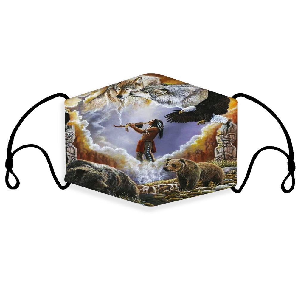 3D totem-themed face mask with filter, multicolor illustration and adjustable ear loops