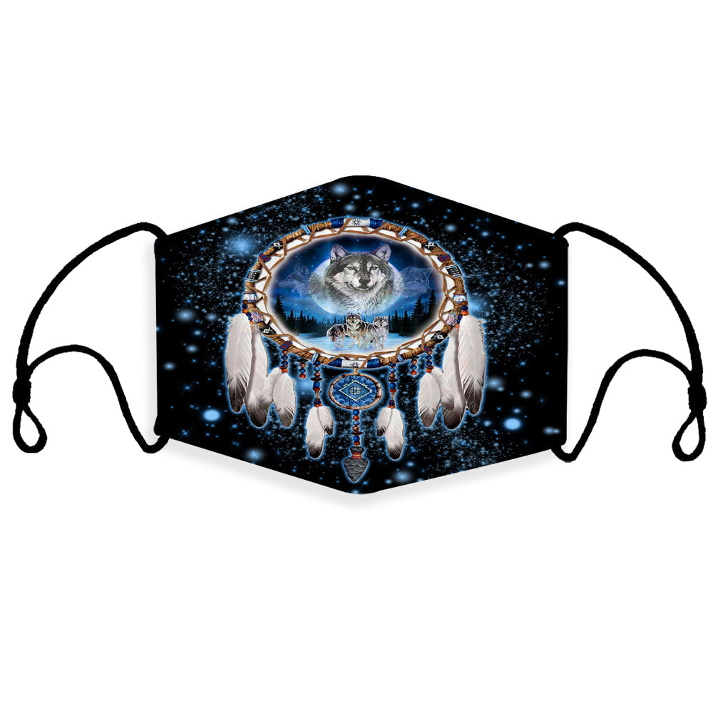 Galaxy dreamcatcher wolf 3D mask with filter, blue starry print, adjustable ear loops