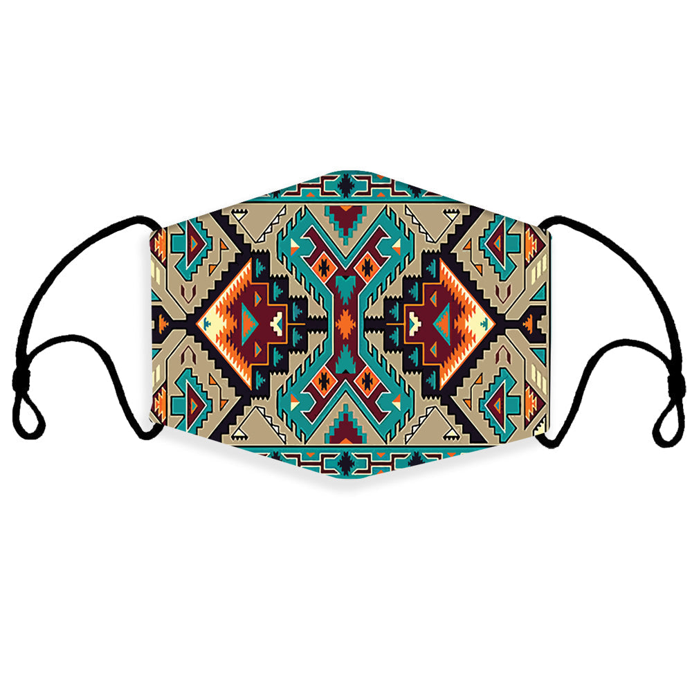 Multicolor geometric 3D face mask with black ear loops and patterned front