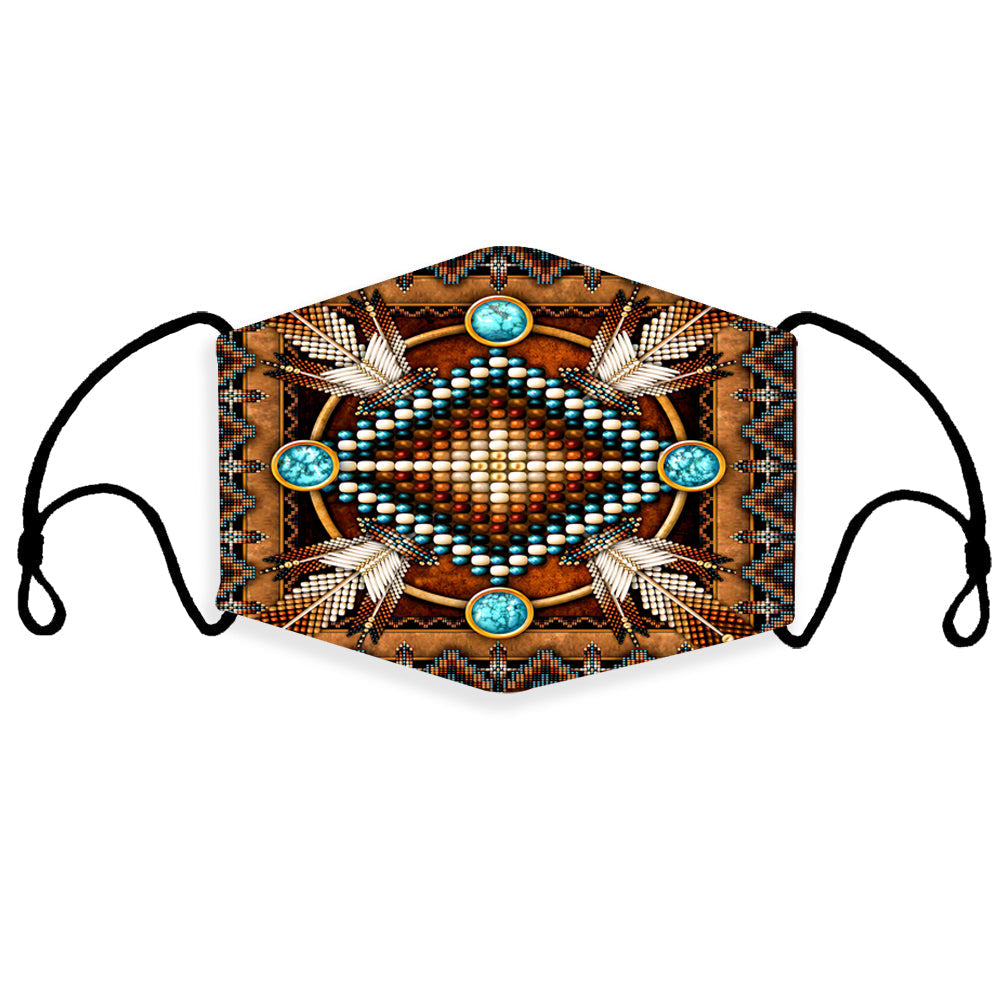 Brown 3D Native American mandala face mask with turquoise accents and black ear loops