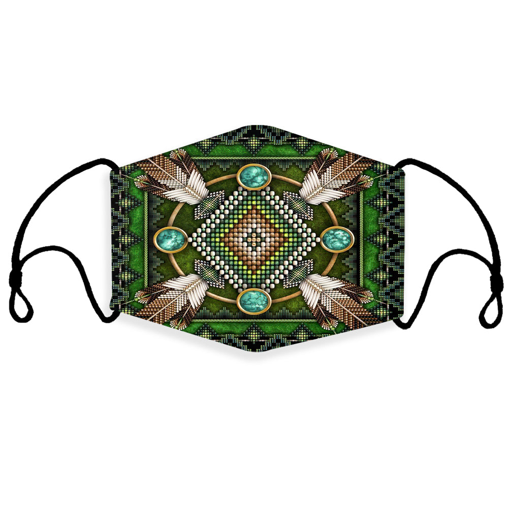Green 3D beaded-style face mask with turquoise diamond pattern and ear loops