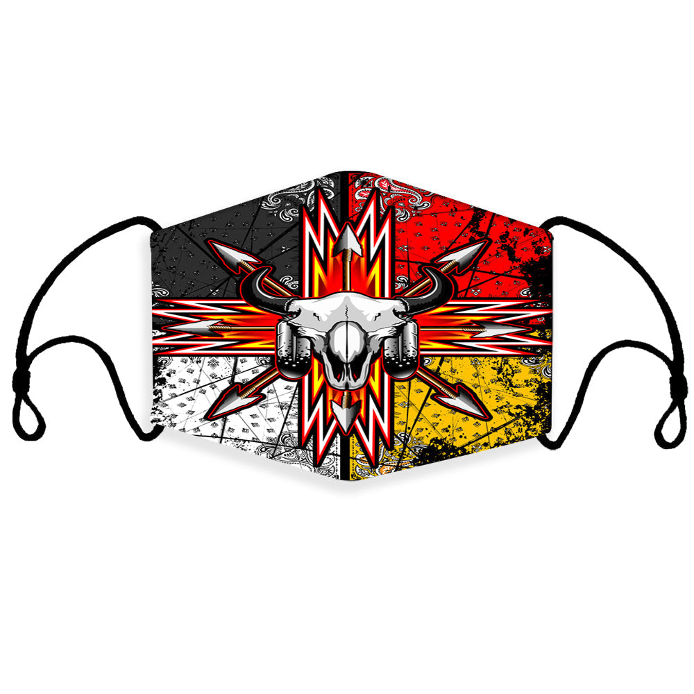 Native bison arrow 3D mask, multicolor front graphic with black loop straps