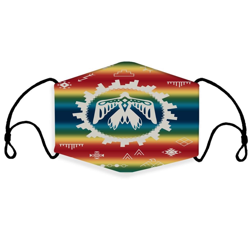 Multicolor Thunderbird face mask with rainbow stripes and black ear loops