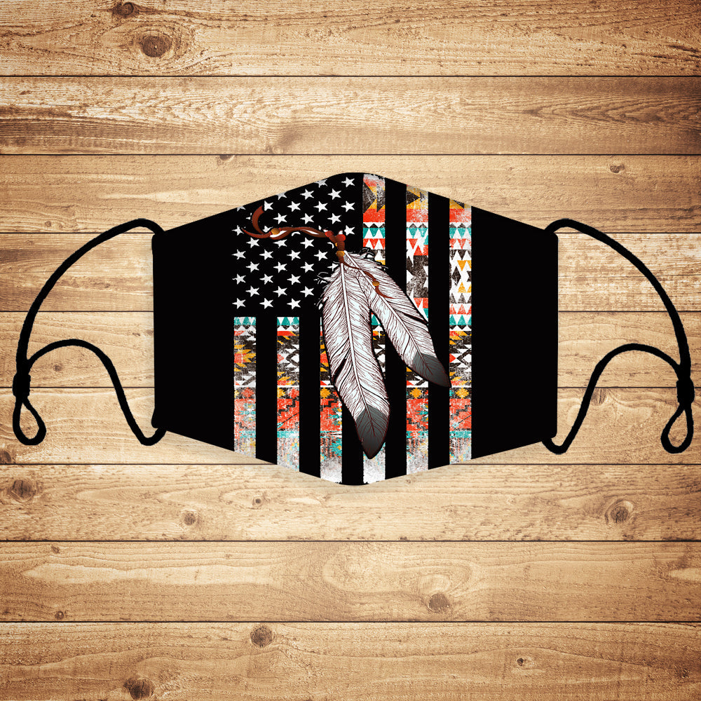 Native American flag feather 3D face mask with multicolor feather graphic and striped print