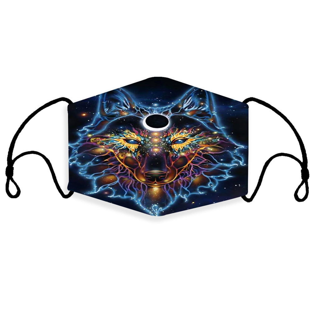 Galaxy wolf 3D face mask, multicolor, with side ear loops and filter opening