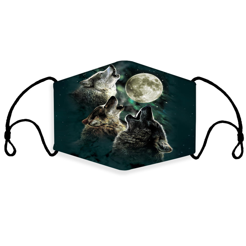 3D face mask with howling wolves and moon print, adjustable ear loops