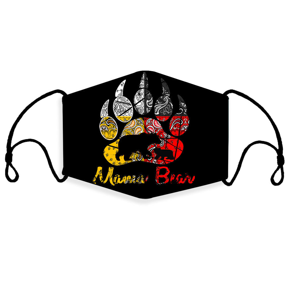 Black face mask with colorful Native-style bear graphic and “Mama Bear” lettering