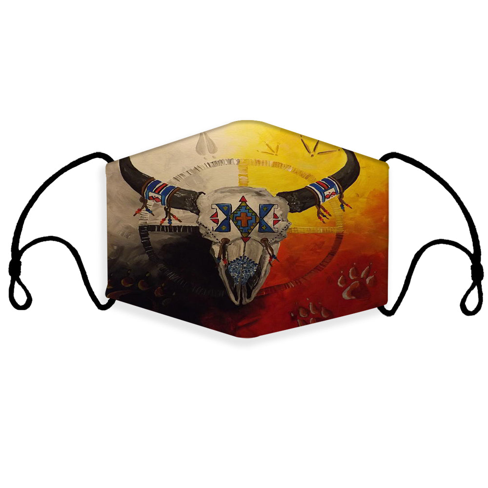 3D bison medicine wheel face mask, multicolor graphic, with ear loops