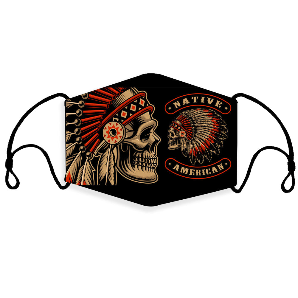 Native American skull chief 3D face mask, colorful headdress graphic, ear loop straps