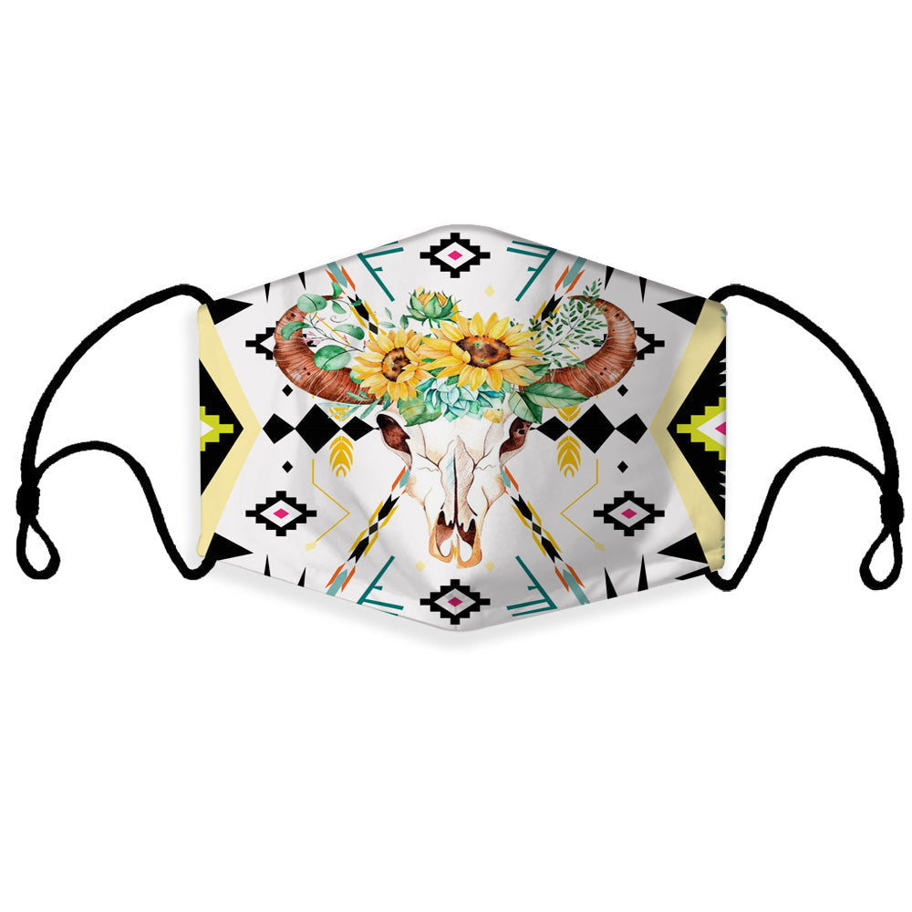 3D bison skull face mask with yellow flowers, multicolor print, adjustable ear loops