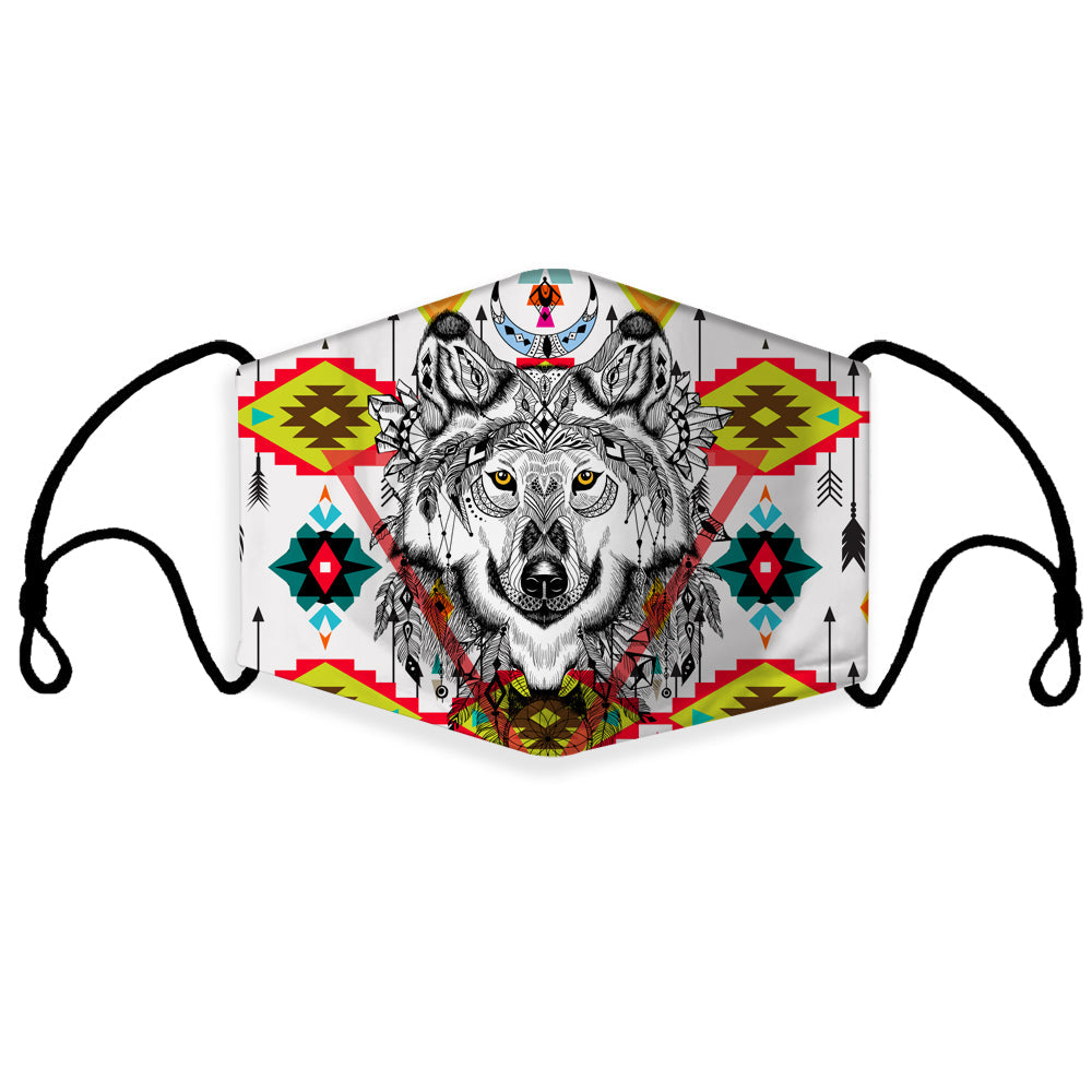 3D wolf arrow pattern face mask with colorful tribal print and side ear loops