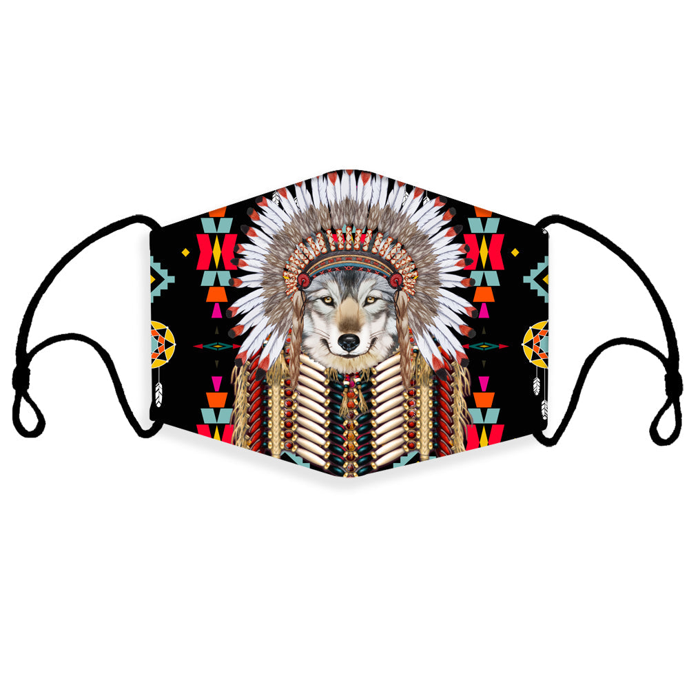 Wolf Native 3D filter face mask with headdress, multicolor tribal pattern