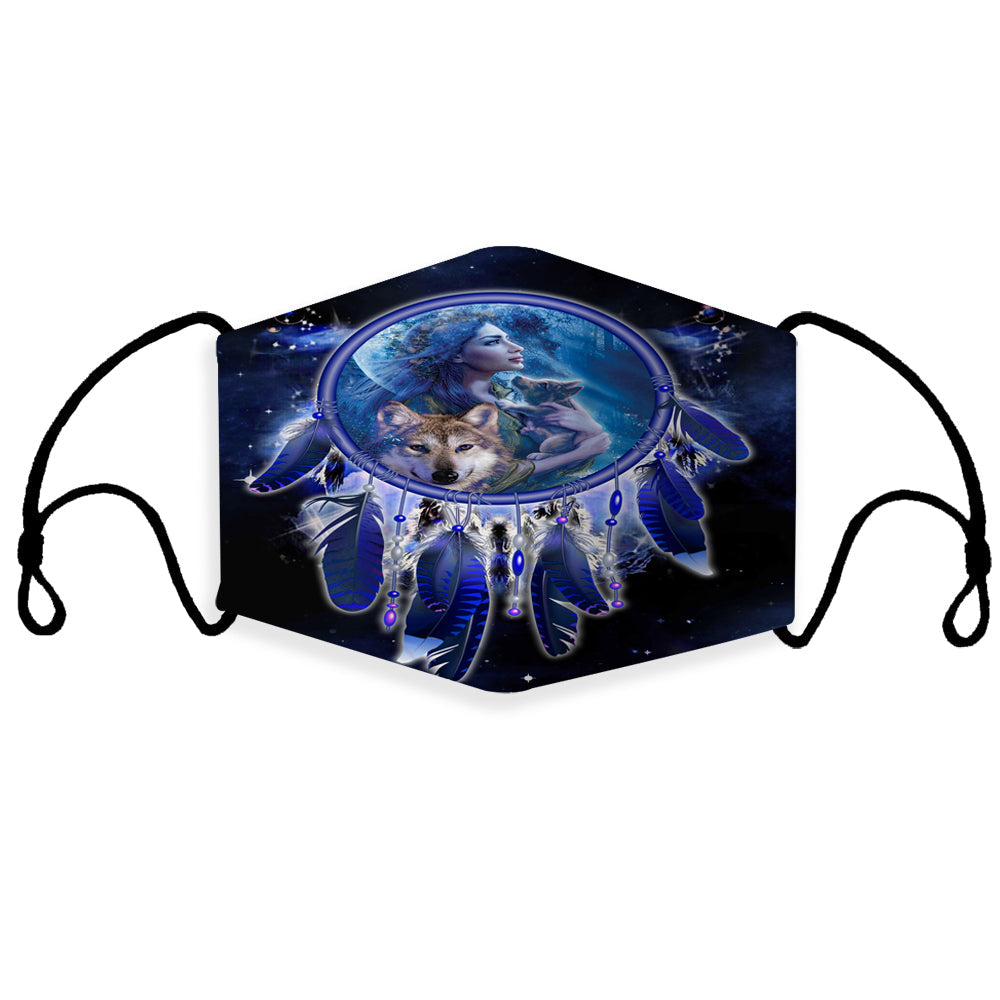 3D printed face mask with blue girl and wolf dreamcatcher graphic, adjustable loops