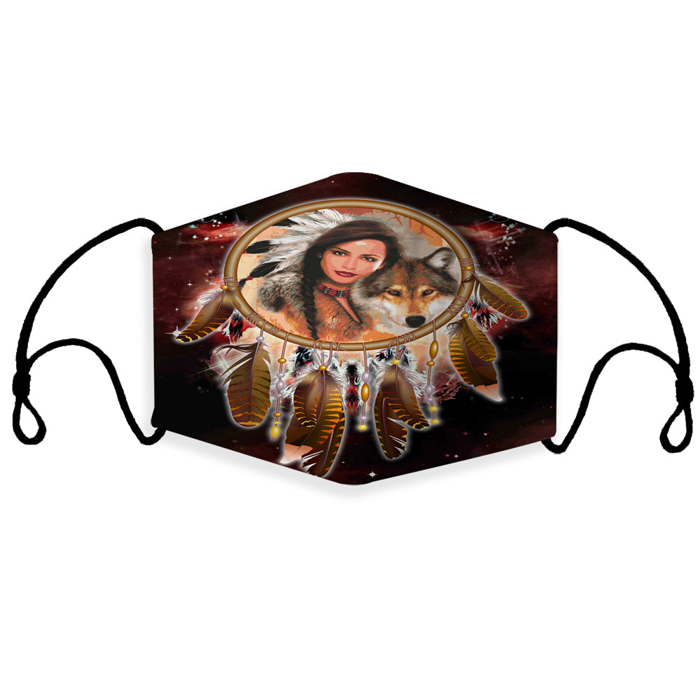 Kids Native American girl dream catcher face mask, red galaxy print with ear loops