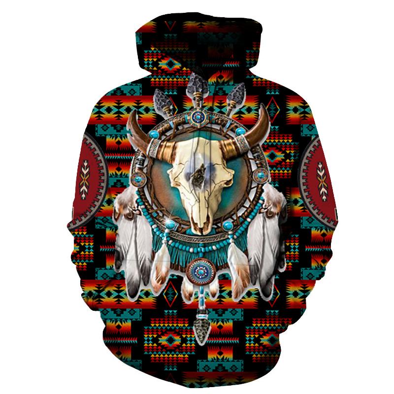 Bison-Dreamcatcher Kapuzenpulli mit Native-Muster, Multicolor