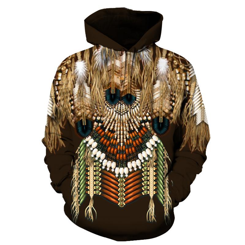 Brown Native American pullover hoodie with multicolor tribal front print