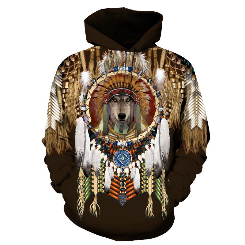 Chief dreamcatcher Native hoodie, multicolor front graphic; dark brown hood