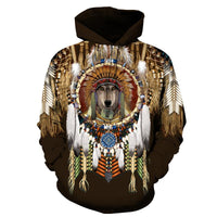 Chief dreamcatcher Native hoodie, multicolor front graphic; dark brown hood