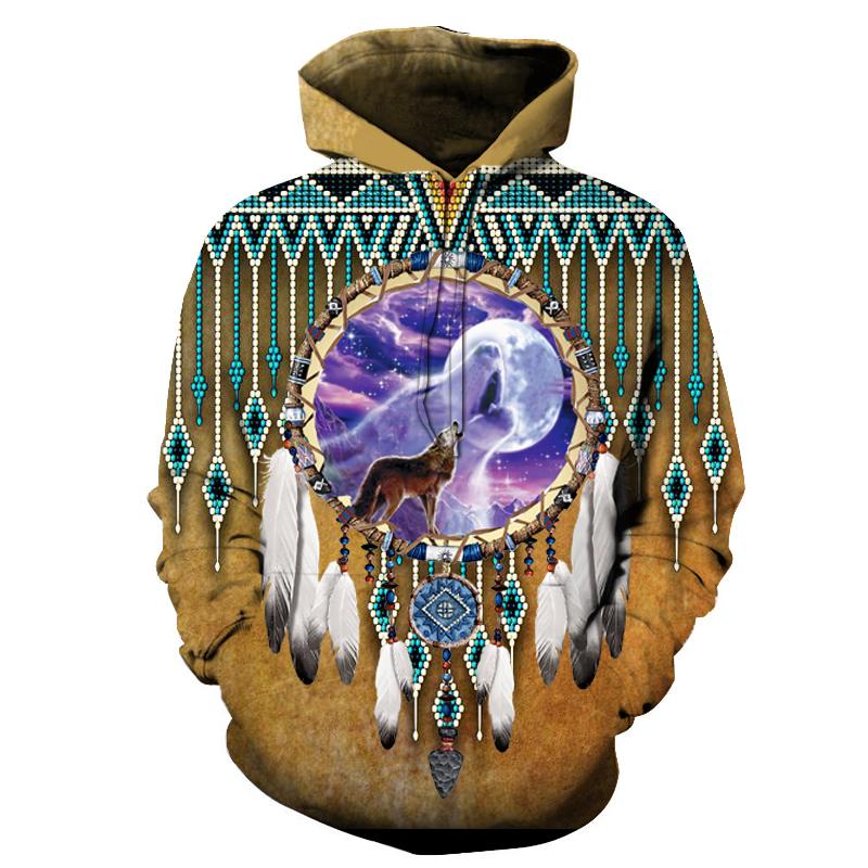 Pullover hoodie with wolf dreamcatcher graphic, moon and turquoise bead accents, multicolor