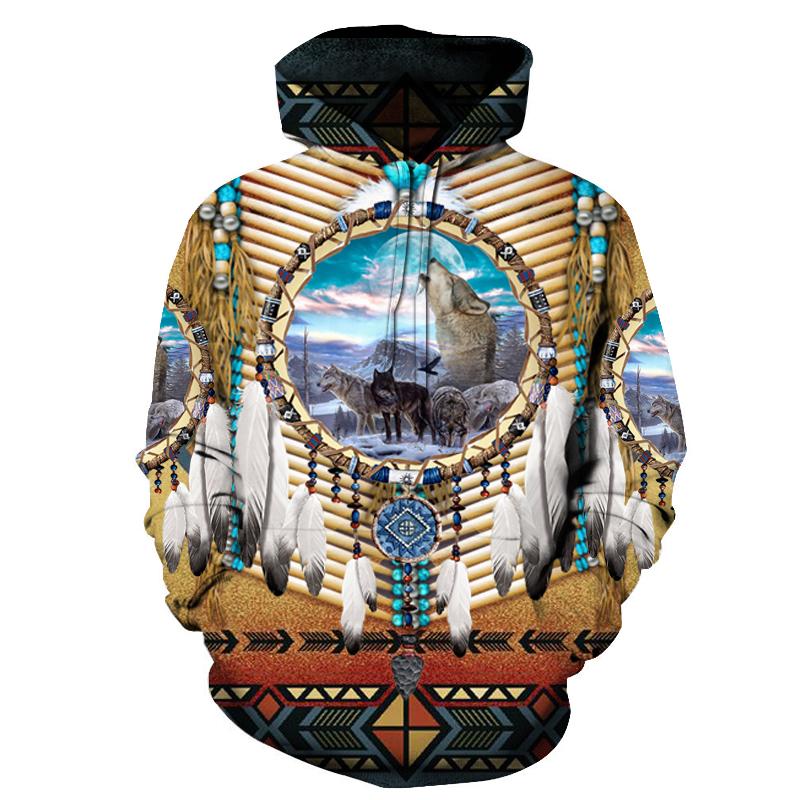 Multicolor native wolf dreamcatcher 3D print pullover hoodie, front view