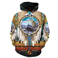 Multicolor native wolf dreamcatcher 3D print pullover hoodie, front view