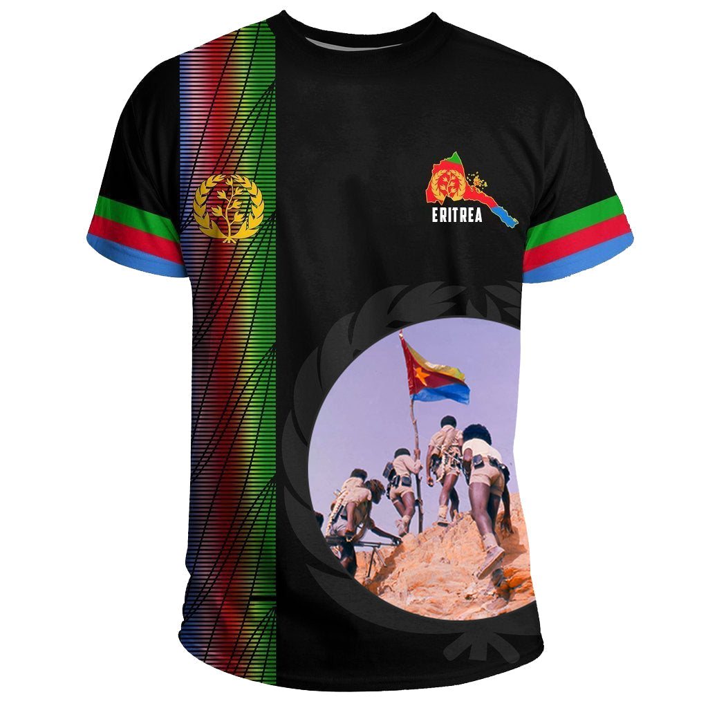 Schwarzes T‑Shirt mit Eritrea-Flaggenstreifen, Wappen und Brustmotiv