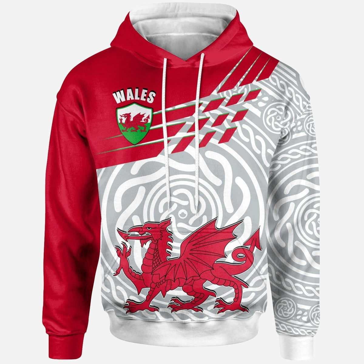 Red pullover hoodie with Wales shield, dragon graphic, and Celtic wave-pattern print