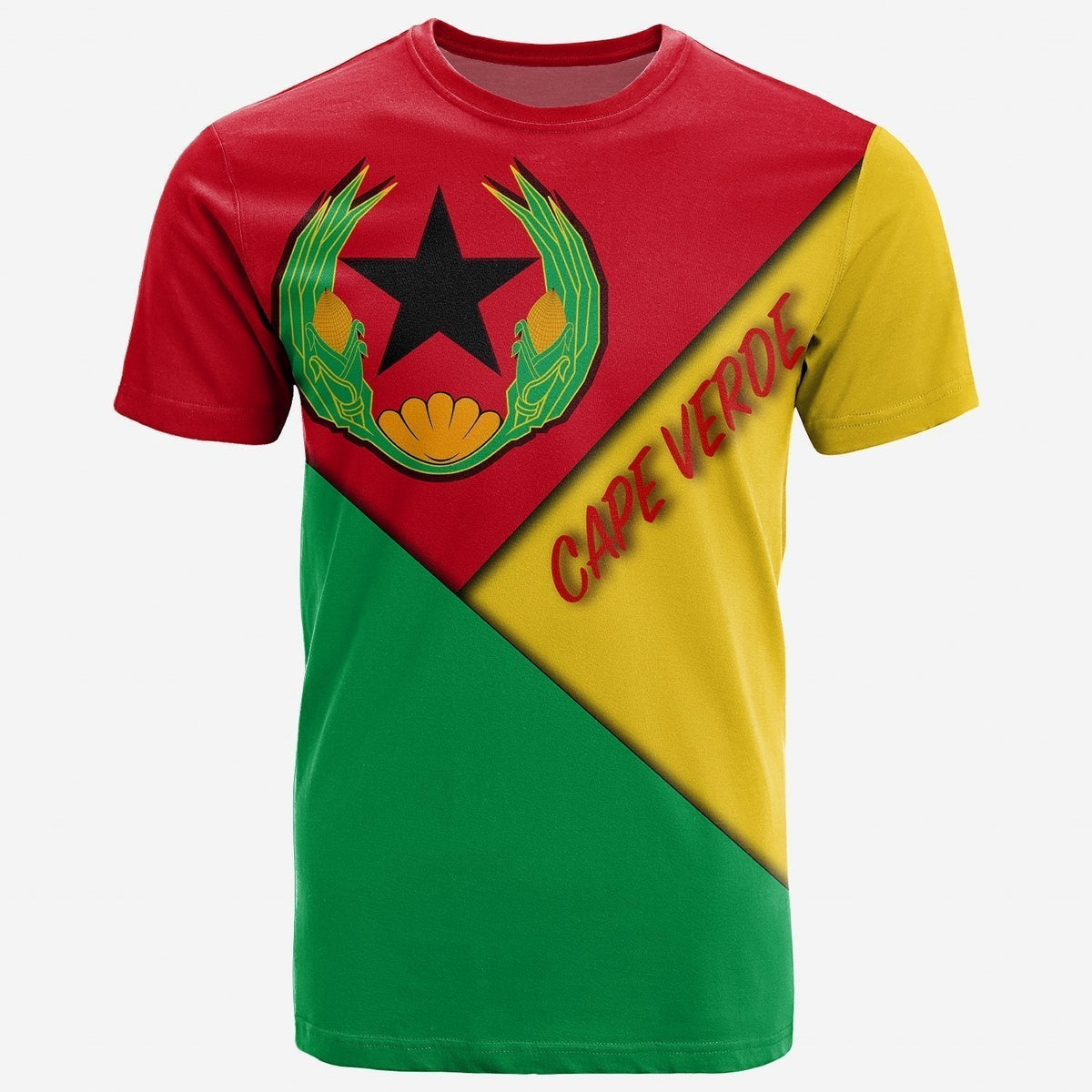 Red, yellow, and green Cape Verde flag T-shirt with central black star graphic