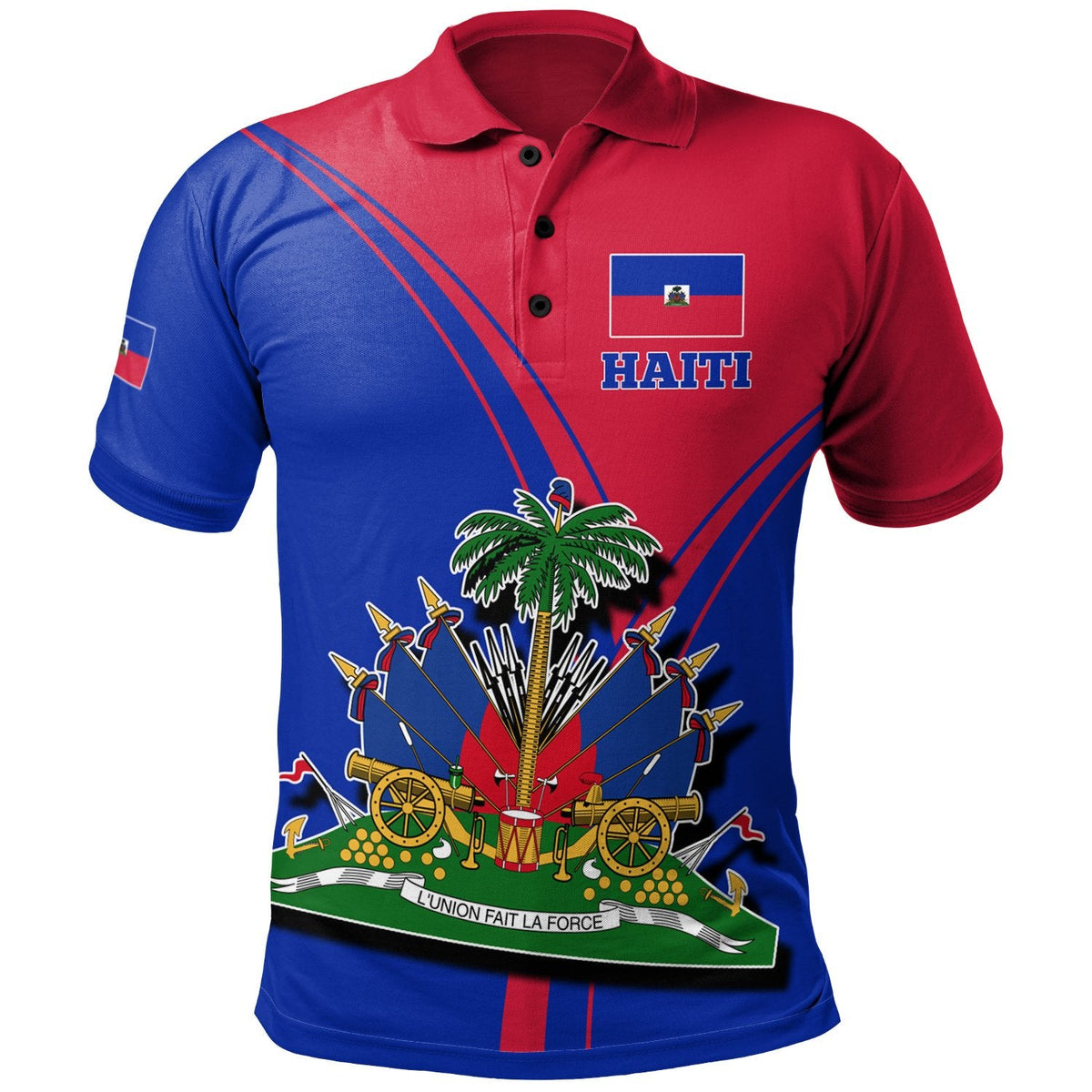 Red and blue Haitian pride polo shirt with Haitian flag badge and large chest graphic
