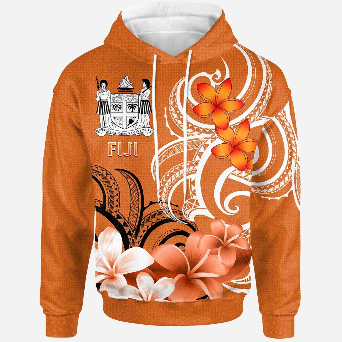 Fiji pullover hoodie, orange with white tribal and flower print, front view