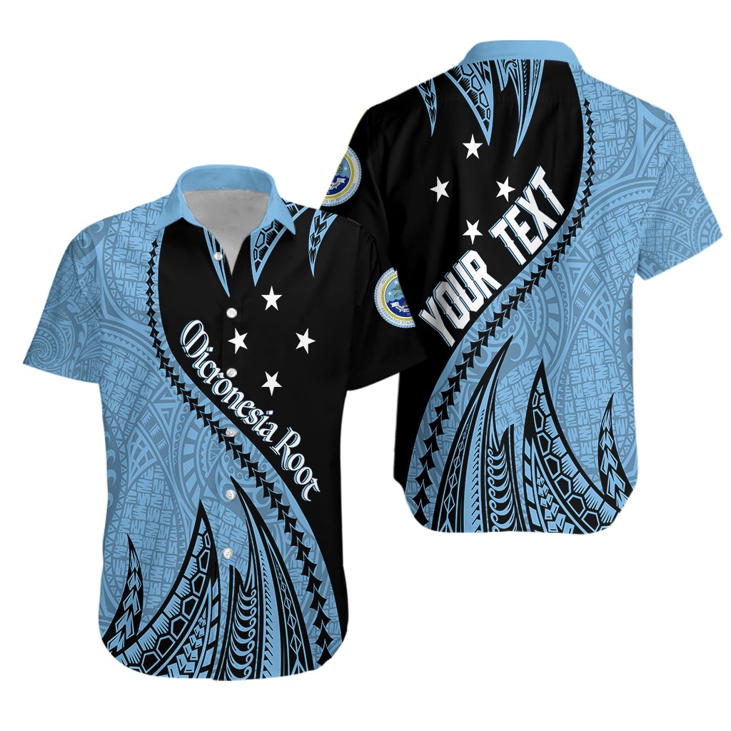 Blue and black Hawaiian shirt with FSM logo and spike pattern, short sleeves, button-up