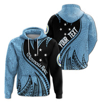 Blue hoodie with black front and diagonal root spike pattern graphic, front view