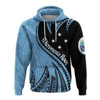 Hoodie in blue with black center panel, “Micronesia” diagonal text and star accents