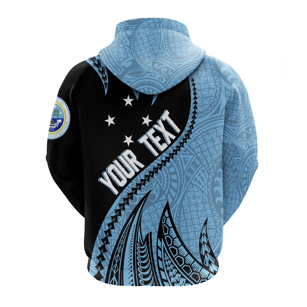 Back hoodie: light blue patterned hood and sleeves, black side with “YOUR TEXT” print