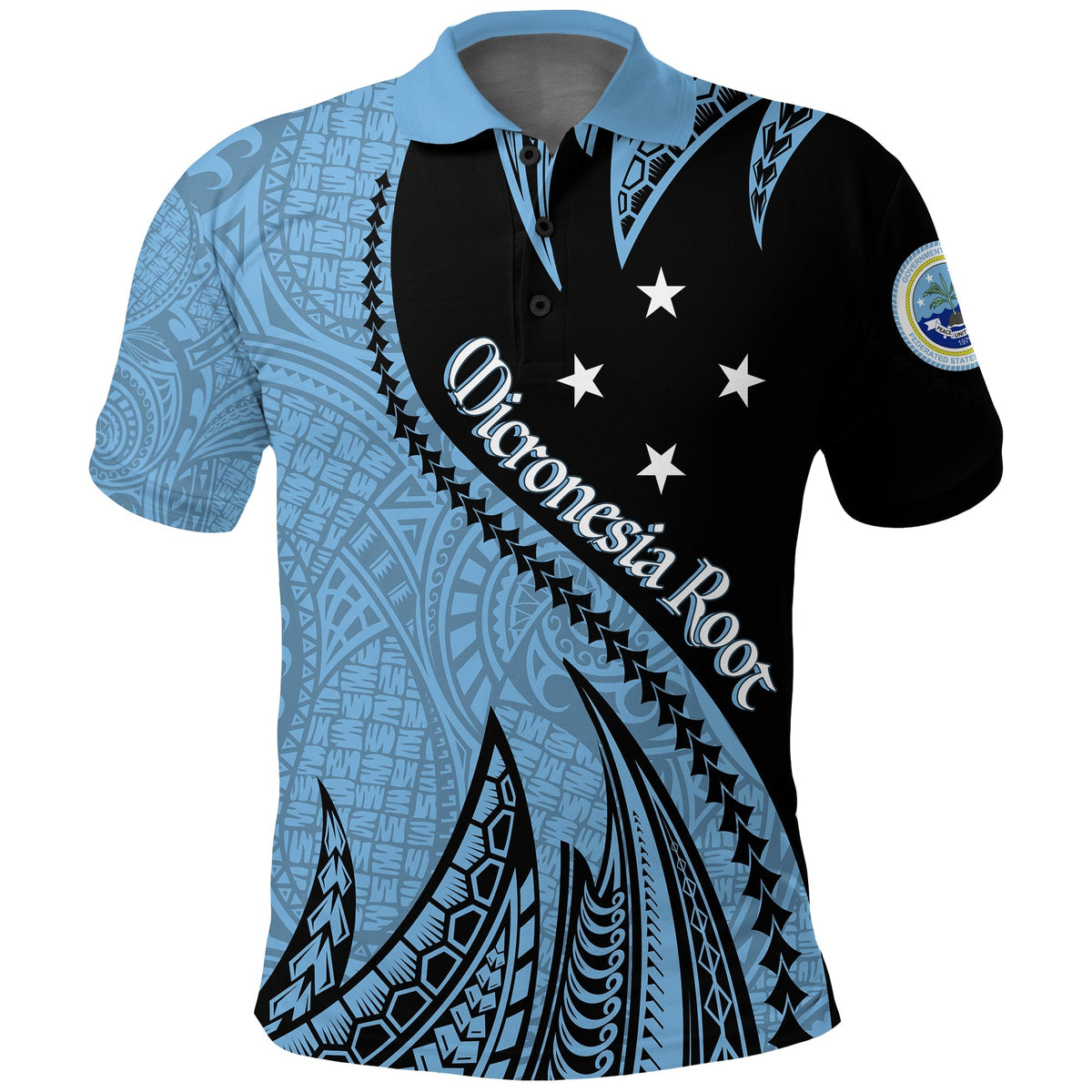 Polo shirt: blue/black spike-root graphic with white star accents and text