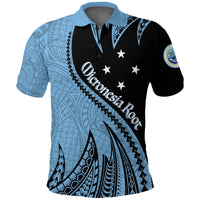 Polo shirt: blue/black spike-root graphic with white star accents and text