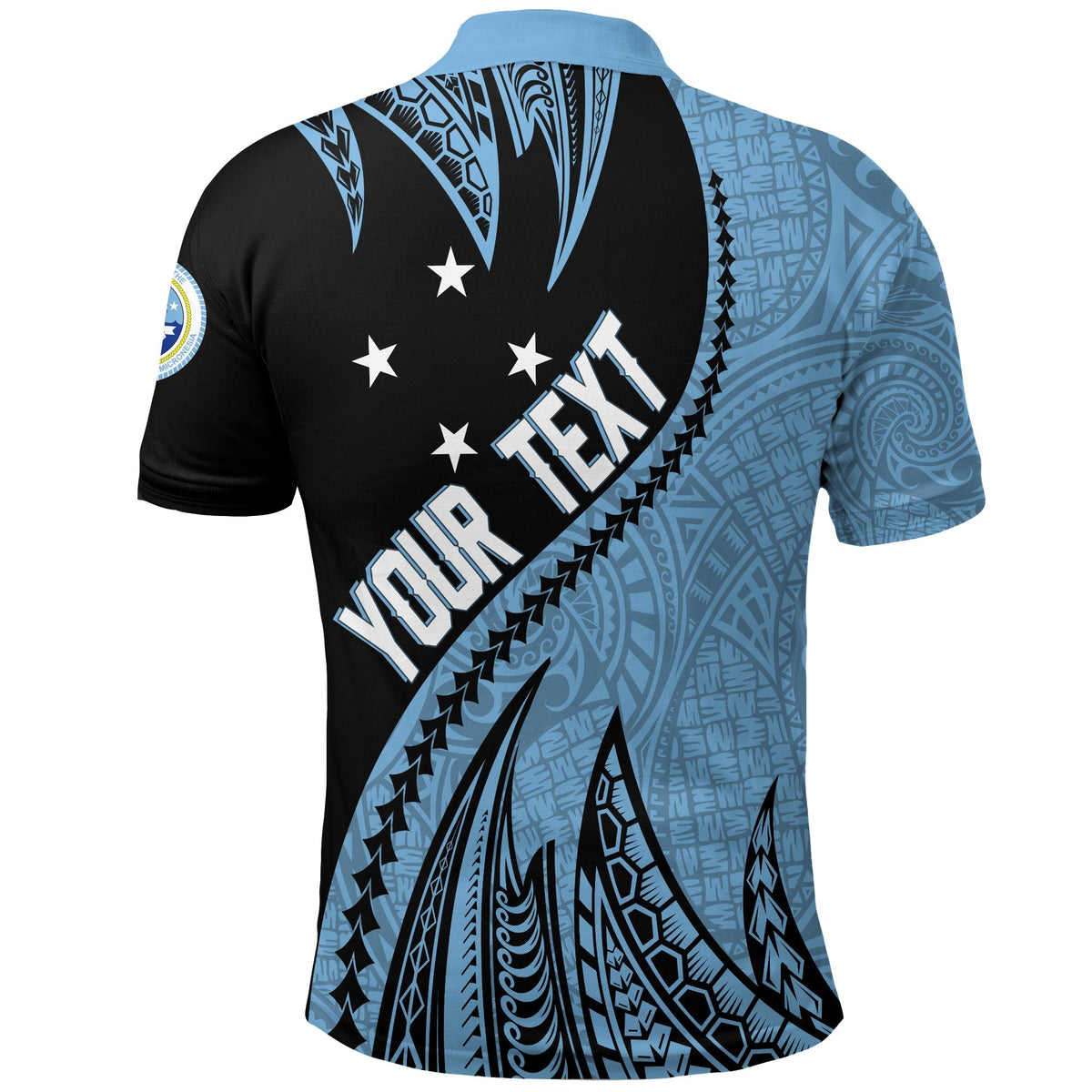 Back of polo shirt: blue/black tribal spike-root pattern with large text and stars