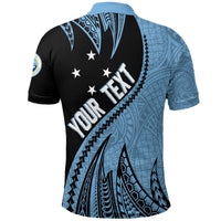 Back of polo shirt: blue/black tribal spike-root pattern with large text and stars
