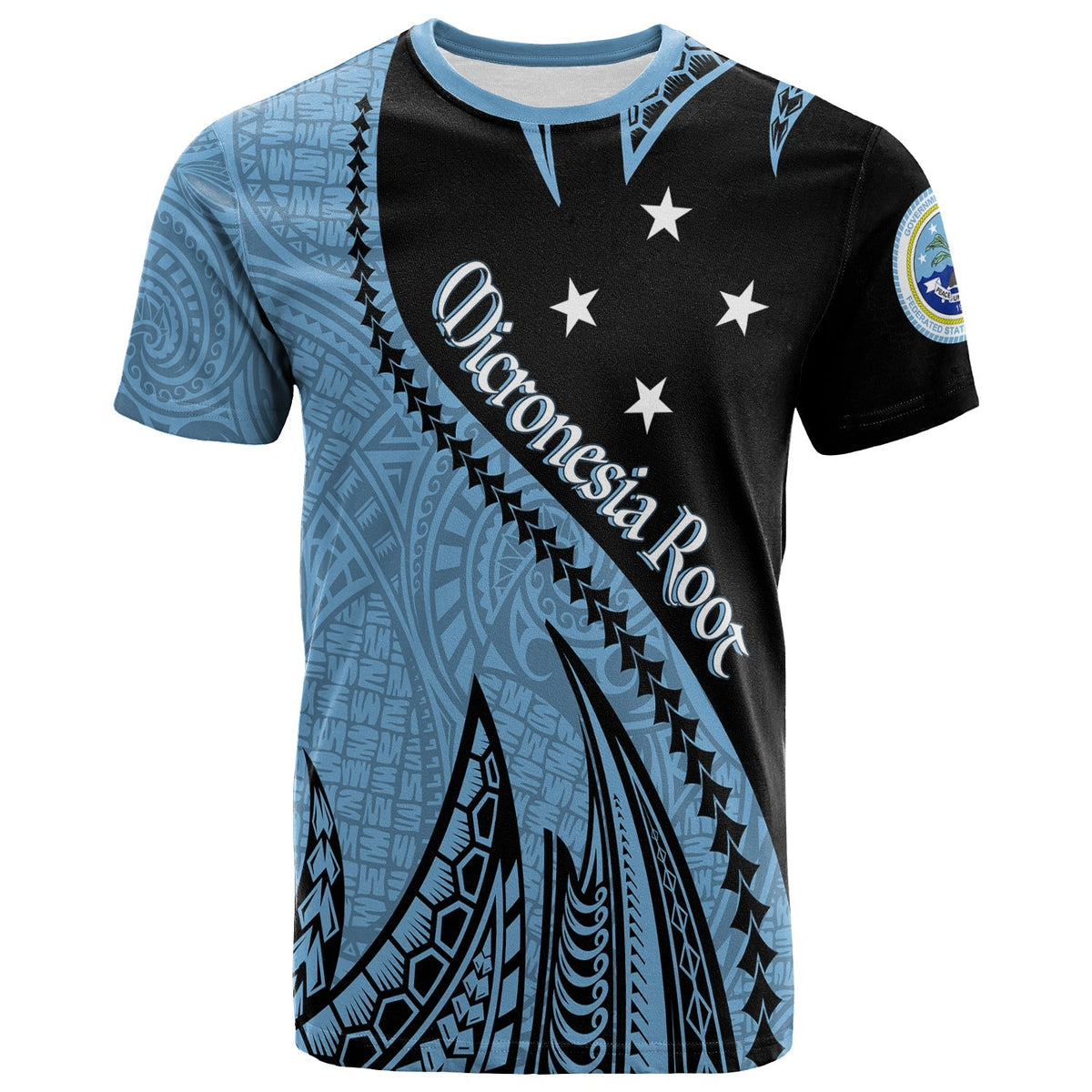 Micronesien T-Shirt mit Spike-Pattern, blau-schwarz, Sterne und Schrift